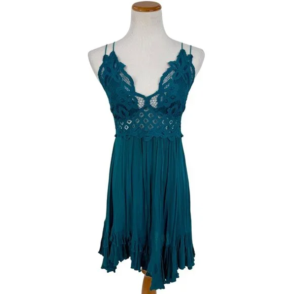 Free People Teal Lace Crochet Trim Ruffled Hem Flowy Casual Boho Slip Dress - Picture 2 of 16